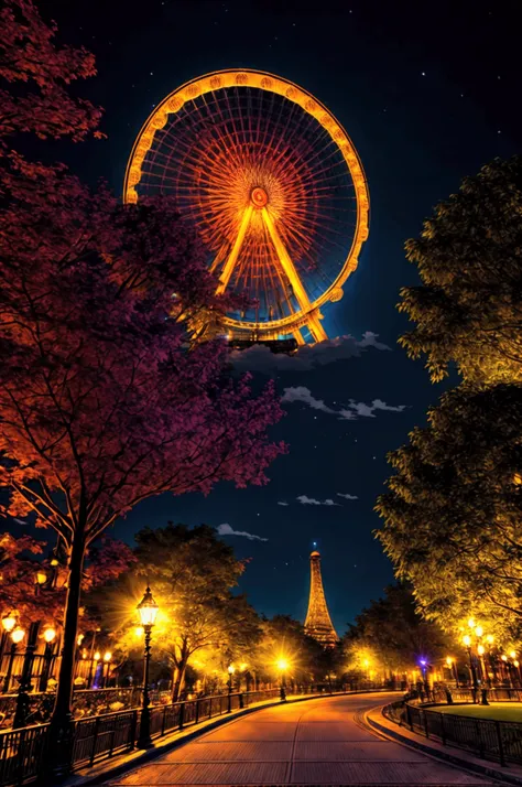 a beautiful park at night, with a large ferris wheel illuminated by neon lights, (best quality,4k,8k,highres,masterpiece:1.2),ul...