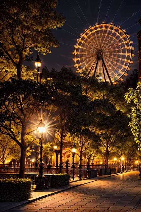 a beautiful park at night, with a large ferris wheel illuminated by neon lights, (best quality,4k,8k,highres,masterpiece:1.2),ul...