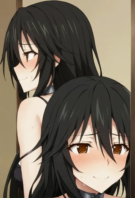 NSFW,masterpiece,Best Quality,High resolution, very detailed,Chifuyu Orimaru(Infinite Stratos),Long Hair、bangs、Black Hair、Hair between the eyes、 Brown Eyes ,sweat,Embarrassed,blush,smile,(Hollow Eyes),(Sex slave),Serve