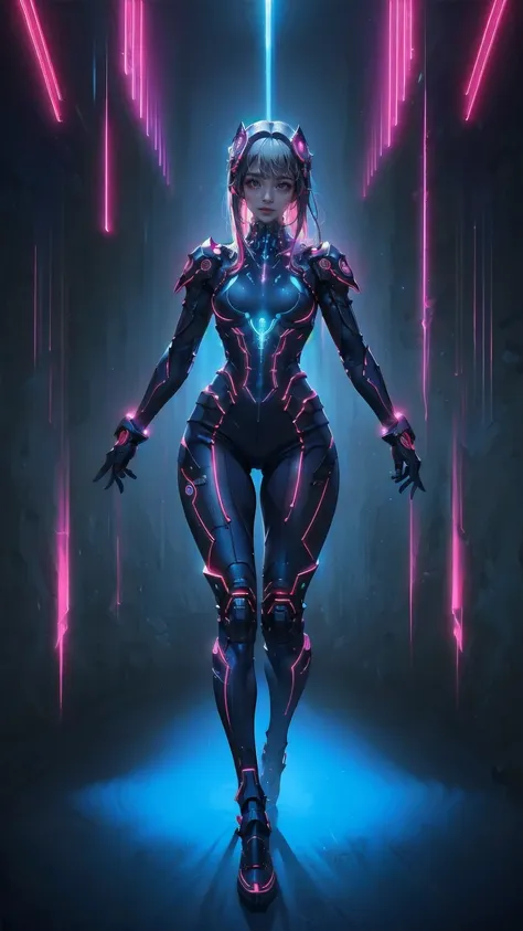 、The whole body is visible、Full body view、Head to toe depiction、beautiful, Luminous futuristic woman, Complex Circuits, Neon-like colors,  cyberpunk style , Advanced Technology,  digital art, Advanced Details, Realistic, Dramatic lighting,  dynamic poses ,...