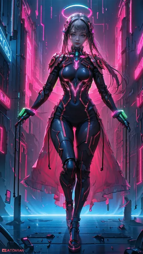 、The whole body is visible、Full body view、Head to toe depiction、beautiful, Luminous futuristic woman, Complex Circuits, Neon-like colors,  cyberpunk style , Advanced Technology,  digital art, Advanced Details, Realistic, Dramatic lighting,  dynamic poses ,...