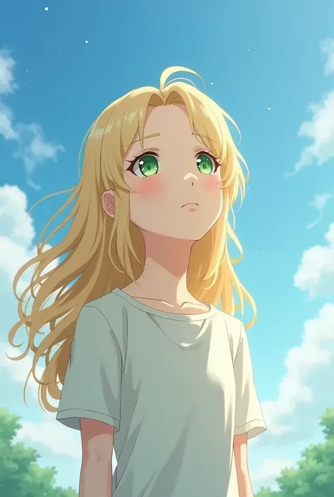  blond green-eyed Japanese　Looking up at the sky 
