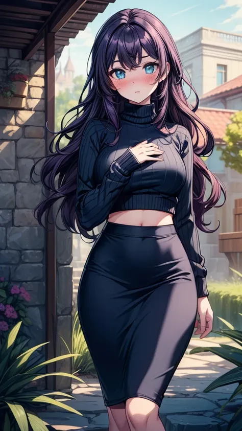 ((((masterpiece, best quality:1.3, high detail)))), beautiful woman, (wide-eyed), (full-face blush), solo focus, one person only, long wavy hair, (dark purple hair), (black sweater) (blue midi pencil ((skirt))), (long (blue skirt)), wide hips, midriff, nav...