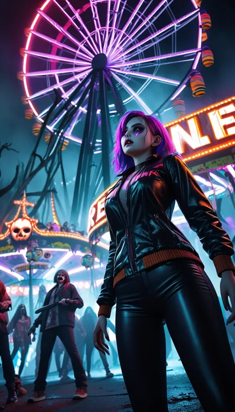 A Halloween night carnival set in a spooky amusement park, with a stunning female model at the center of the scene. She is surrounded by zombies and killers, fleeing through the mist-covered park. The Ferris wheel and roller coaster are brightly lit with n...