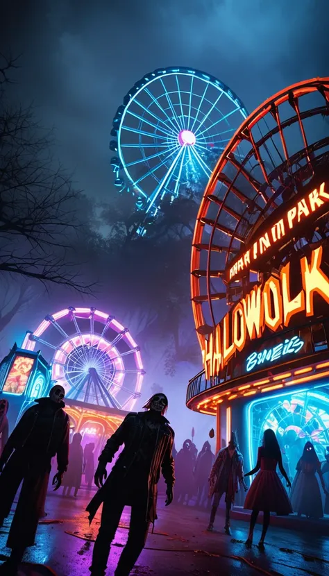 A Halloween night carnival set in a spooky amusement park, with a stunning female model at the center of the scene. She is surrounded by zombies and killers, fleeing through the mist-covered park. The Ferris wheel and roller coaster are brightly lit with n...