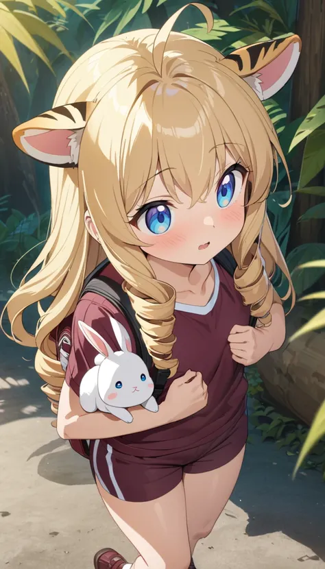 woman、blonde、Long Hair、Drill Hair、Ahoge、blue eyes、Tree Eyes、Narrow eyes、look up、 maroon sportswear 、 maroon sportswear のズボン、Shoes、Carrying a backpack、turn around、Girl with tiger ears holding a rabbit 、anime、 jungle background 、Best Quality、masterpiece、Deta...