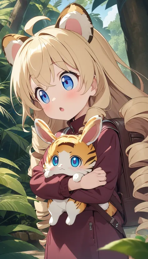 woman、blonde、Long Hair、Drill Hair、Ahoge、blue eyes、Tree Eyes、Narrow eyes、look up、 maroon sportswear 、 maroon sportswear のズボン、Shoes、Carrying a backpack、turn around、Girl with tiger ears holding a rabbit 、anime、 jungle background 、Best Quality、masterpiece、Deta...