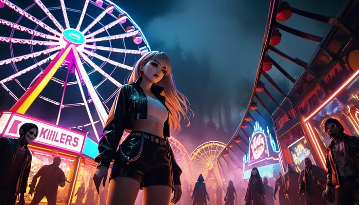 A Halloween night carnival set in a spooky amusement park, with a stunning female model at the center of the scene. She is surrounded by zombies and killers, fleeing through the mist-covered park. The Ferris wheel and roller coaster are brightly lit with n...