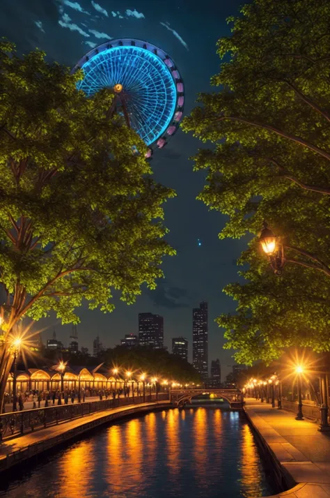 a beautiful park at night, with a large ferris wheel illuminated by neon lights, (best quality,4k,8k,highres,masterpiece:1.2),ul...