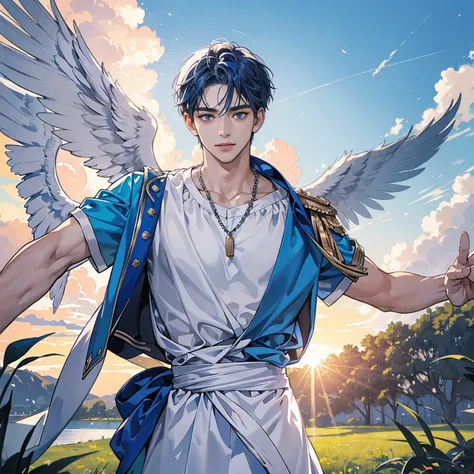  Reincarnation of Crisps, the eldest son of Roman Emperor Constantine the Great。 Anime Characters。male。Tall。Crystal blue eye color。A warm and energetic smile。Blue short sleeve shirt。He is wearing resort wear and facing forward。There is a falcon on my shoul...