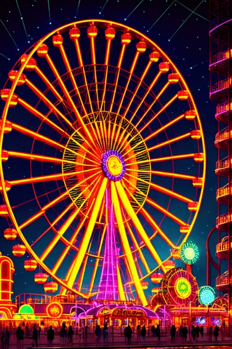 a large colorful ferris wheel at an amusement park, neon lights glowing in the night sky, detailed glass windows, photorealistic...