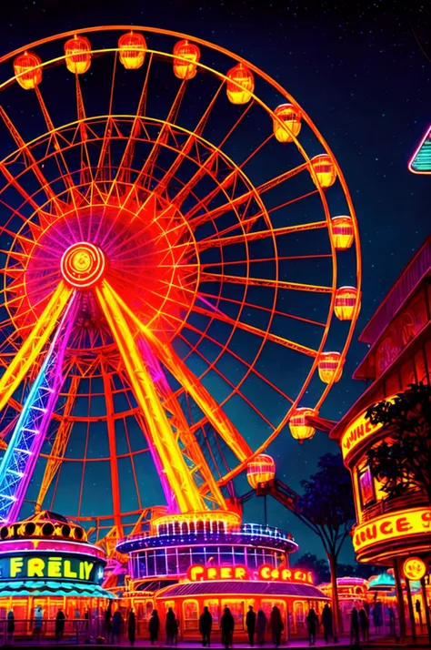 a large colorful ferris wheel at an amusement park, neon lights glowing in the night sky, detailed glass windows, photorealistic...