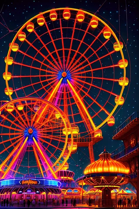 a large colorful ferris wheel at an amusement park, neon lights glowing in the night sky, detailed glass windows, photorealistic...