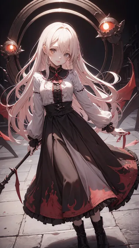 Shaded face　、beautiful girl、とてもcute天使、Pink Gothic FaShion、cute、baby face、Smile、Long Skirt、Black long bootS、.(HigheSt quality,4K,High reSolution,maSterpiece:1.2), very detailed,RealiStic:1.37,Spooky altar background,Dark fantaSy,Red color Scheme,OminouS atm...