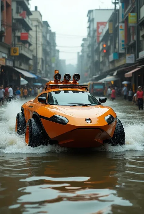 Create a motor boat that runs on city roads like Bangalore commercial Street area flooded with water to rescue people