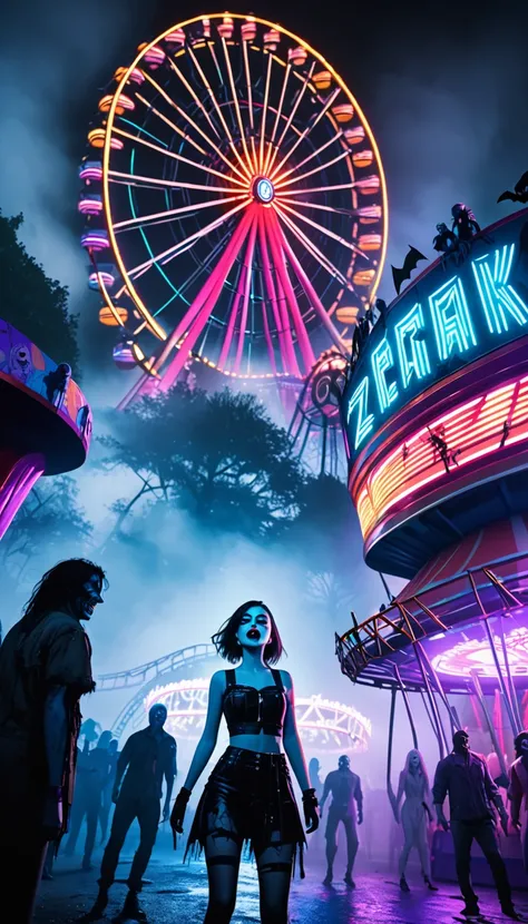 A Halloween night carnival set in a spooky amusement park with a stunning female model at the center of the scene, She is surrounded by zombies and killers, fleeing through the mist-covered park, The Ferris wheel and roller coaster are brightly lit with ne...