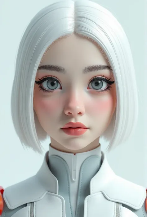 a symmetrical portrait, centered, 3d model, 3d render, cyborg girl, very close up, white hair, background