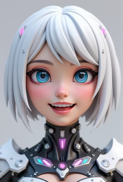 alexami, a symmetrical portrait, centered, 3d model, 3d render, cyborg girl, very close up, white short hair, vibrant smile, bac...