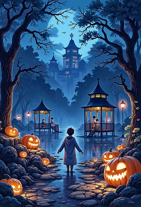 halloweenglowstyle ，playground，halloween，halloween南瓜,  dark , atmosphere, night, glow, (masterpiece:1.3) ( best quality:1.2) (hi...