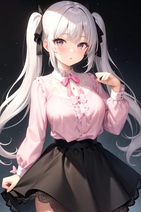 1girl,20 years old,pigtails with hair ribbon,black hair, silver inner hair,big eyes,black eyes, (pink blouse:1.3) ,(lace blouse:1.3 ),long sleeve,big bow ribbon on her neck, black lace cuff,(two layers of skirt),black  skirt,big bow ribbon on her waist , l...