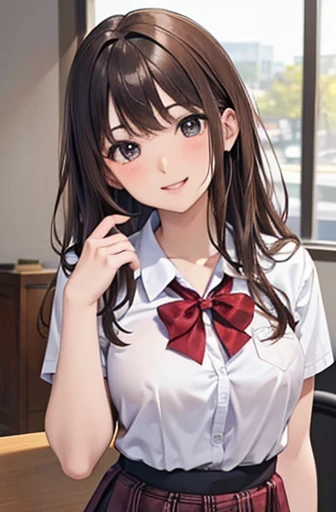 15-year-old student、Brown Hair、 beautiful eyes、Lifelike Skin、 high school girl、Large Breasts、 、(8k、masterpiece)、(Realistic、 Photorealistic)、top-quality、 very detailed、The ultra-detailed、Beauty、Cute little、Japanese、smile、 、Healthy Face、Student Uniform、Plaid...