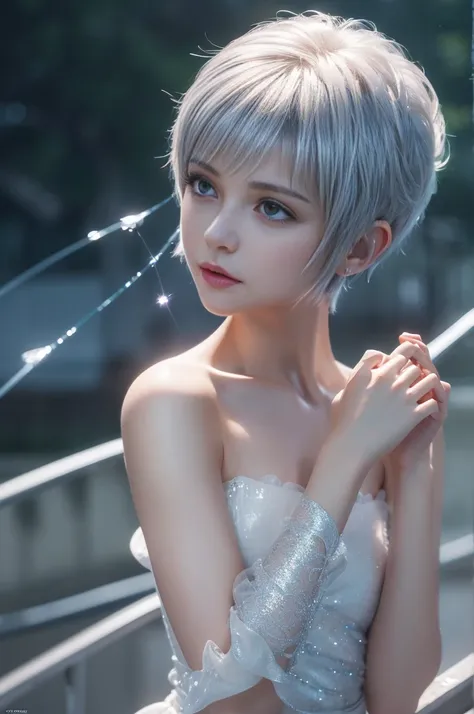 ( Extremely High Definition CG Unity 8K Wallpaper, masterpiece, Best Quality, Ultra-detailed), (Best lighting, Best Shadow,   very delicate and beautiful), Cool, dynamic, And an original young girl character (dynamic pose) silver (Pixie Cut Hair: 1.3) Refl...