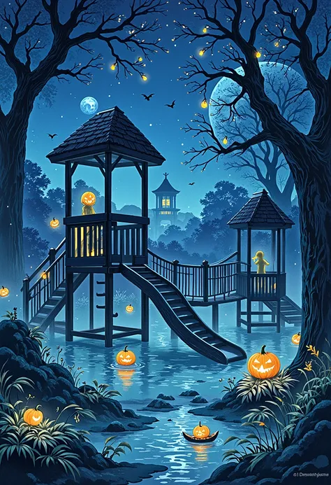 halloweenglowstyle ，playground，halloween,  dark , atmosphere, night, glow, (masterpiece:1.3) ( best quality:1.2) (high quality:1...