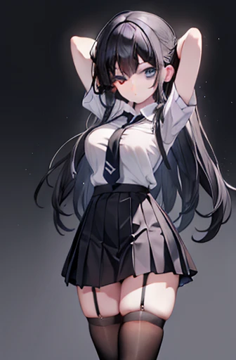  black skirt , tie, White shirt　Sling, Long black hair, Grey Eyes,  leather case , Garter on the legs, Reduce ly breasts,  raise your hands above your head, Reduce ,  Pichi Pichis clothes ,  two sides ,Large Breasts、