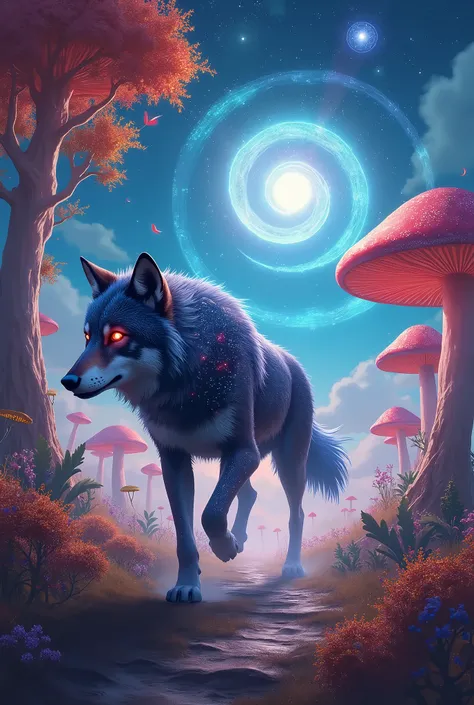  a hybrid creature between a wild animal and a cosmic entity :  a wolf made of constellations and star fog ,  running through a landscape where heaven and earth merge in vibrant colors and Surreal.  Trees with kaleidoscopic leaves move as if they were danc...