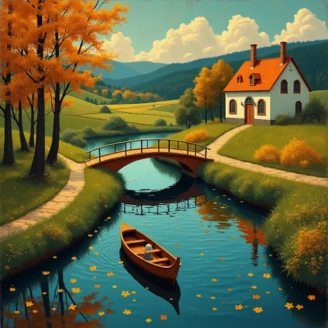  Klimt-style landscape 、Rural Scenery、canal 、 small boat、Drawbridge