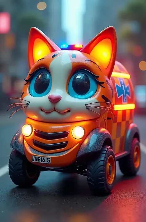 Design an ambulance shaped like a cat with with glowing led bright lights oversized ears as sirens, complete with a whimsical design that incorporates playful patterns. The vehicle should have realistic features like wheels with bright led and emergency li...