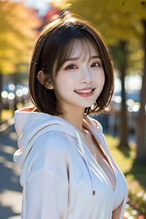 japanese、((Best Quality)), ((masterpiece)), (detailed), ((Highest quality))、12K、HDR、High resolution、Perfect Face, Japanese、28 years old、female、smile、 short hair、Bob Hair、Light light brown hair、Cleavage、Perfect Anatomy、Anatomically correct body、 wearing a w...