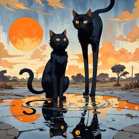 Surreal, abstract painting featuring two black cats with exaggerated, whimsical features. The larger cat stands upright on two legs, with a tall, slender body and a large, round head with wide, expressive eyes. The smaller cat sits on all fours, looking up...