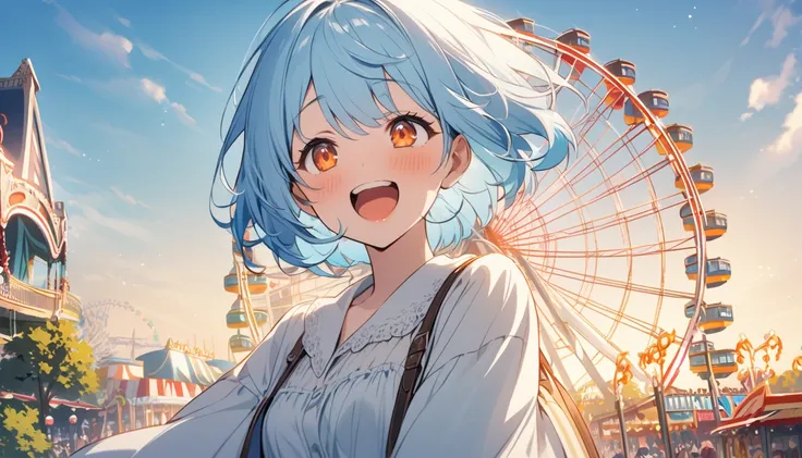 One Woman、Light blue hair、 short hair、Orange eyes、Laughing with your mouth open、amusement park、Ferris Wheel。