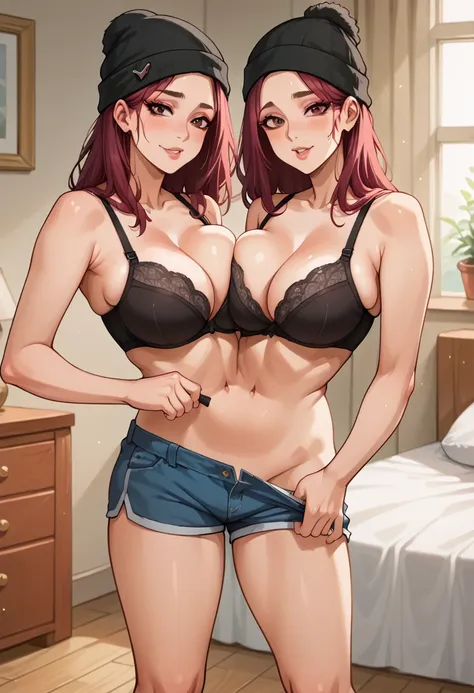 2heads, short thick woman with 2 heads. standing in a bedroom. long messy maroon hair. wearing a beanie. wearing a sexy sleek br...