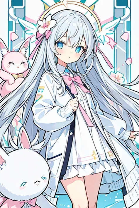 ・ One girl ・ Angel ・ Angled angel circle on the left side ・ Pastel color ・ Gray hair ・ Very long hair ・ Light blue eye ・ Left eye is pink ・ White flower ・ Pink loose front cardigan ・ Light blue ribbon attached to the collar ・ Cute ・ Ephemeral ・ Flower Gard...