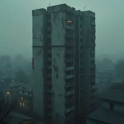 a large part of a shabby high-rise building with cracked plaster on which there is an address plate with a question mark, province, residential area , many houses in the background , twilight, fog