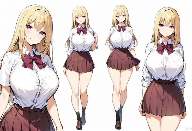 masterpiece, best quality, high resolution, full body, JK, big tits, 1 girl, black bun,no bangs, long hair, blonde hair, straight hair, purple eyes, bow tie, breasts, bun, looking at viewer, pleated skirt, tucked-in shirt, skirt, smile, bell-bottom shirt, ...