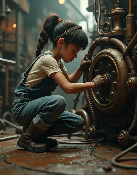 (Best Quality, 4K, masterpiece :1.3),  1 girl , (steampunk), scenery, steampunk room engine, Engine Repair, Gear, Cog, steam, boots, Overalls, goggles, Dirty Face, standing, mechanical, Oil on the floor, Dirty floor