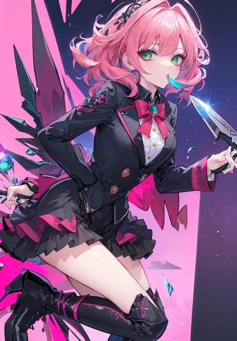 (((Top quality ultra detailed,Unity 8K))),Twin Drill, Emerald Eyes ,Pose,blazer:1.1 (Gothicta:1.2),,Short bangs, lace up boots ,Pink Hair,Medium Hair,knife,lick&#39;Lips,Looking down, (( Viewer :1.3)),Looking down,smile,Full Body,Stangling:1.2. Leaning For...