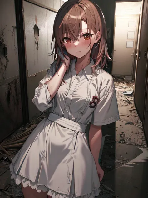 Haunted House, Abandoned Hospital, ghost, (Misaka Mikoto), UHD, retina, masterpiece,accurate anatomy, textured skin, super detailed, high quality, best quality, highres, 8k