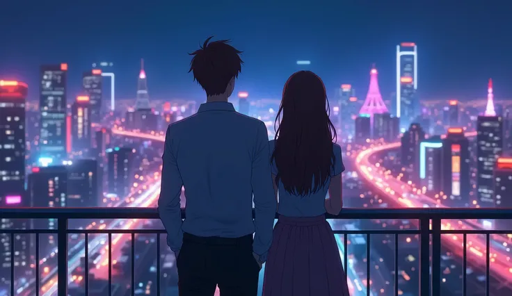  MAIN ANIME COUPLE WATCHING THE CITY ON THE BALCONY，Flashing neon lights，ROMANTIC SCENE ， Standing with your back to the camera ，close up， away from the camera ， TO GET MORE SPACE 。