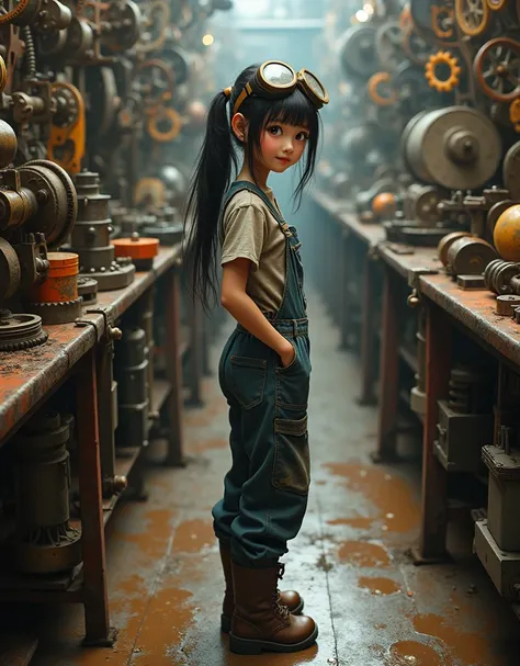 (Best Quality, 4K, masterpiece :1.3),  1 girl , (steampunk), scenery, steampunk room engine, Engine Repair, Gear, Cog, steam, boots, Overalls, goggles, Dirty Face, standing, mechanical, Oil on the floor, Dirty floor、cute日本人の女の子, Girl Photos, Realなヤンググラビアアイ...