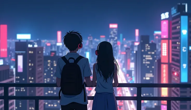  The main anime couple wears headphones to watch the cityscape on the balcony，Flashing neon lights，ROMANTIC SCENE ， Standing with your back to the camera ，close up， Every element away from the camera ，Get more time 。