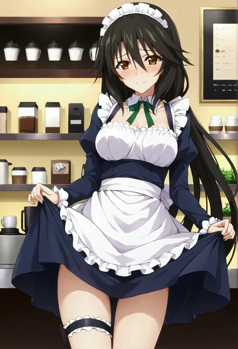 NSFW,masterpiece,Best Quality,High resolution, very detailed,Chifuyu Orimaru( Infinite Stratos),Long Hair、bangs、Black Hair、Hair between the eyes、 Brown Eyes ,Maid uniform,Maid Headband, Thigh Straps,Coffee shop,Embarrassed,blush,smile,Skirt Lift