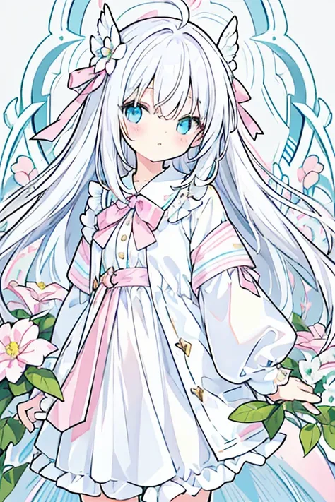 · Angel Girl · Angled Angel Ring on the Left Side · Little Angel Wings · Pastel Color · White Hair · Very Long Hair · Right Eye Is Light Blue · Left Eye Is Pink · White Flower · Pink Loose Front Cardigan · Light Blue Ribbon Attached to the Collar · Cute · ...