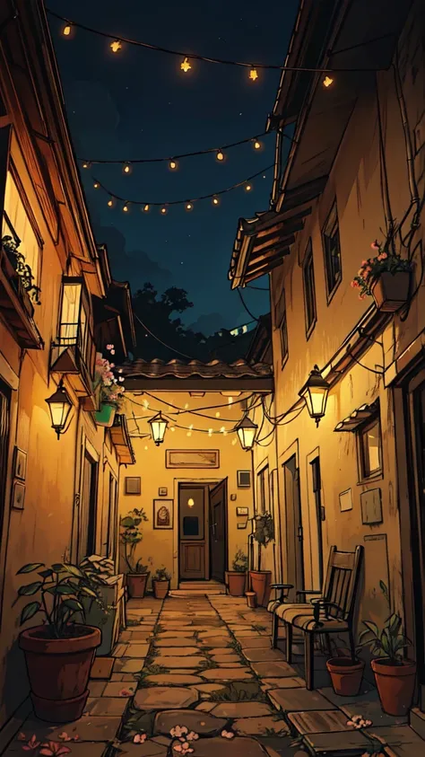 wide view, front view of a cafe, pebble walls, string lights, bougainvillea flowers everywhere, gypsy aesthetics, evening light, cozy tones, aesthetically beautiful furniture, ancient ceiling light, flower pots, ghibli style, outdoors, cozy atmosphere, mic...