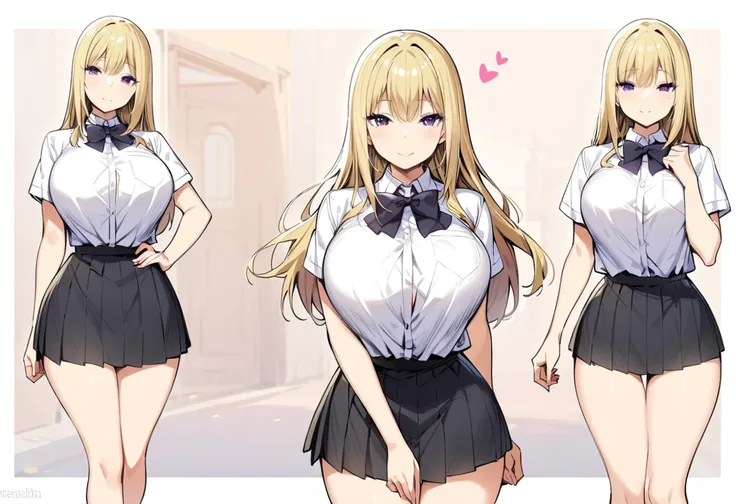 masterpiece, best quality, high resolution, full body, JK, big tits, 1 girl, black bun,no bangs, long hair, blonde hair, straight hair, purple eyes, bow tie, breasts, bun, looking at viewer, pleated skirt, tucked-in shirt, skirt, smile, bell-bottom shirt, ...