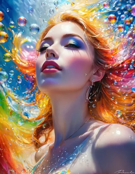 otherworldly wonders, At the center is the most beautiful woman in the world, Goddess of Eros, highly detailed perfect eyes, perfect irises, perfect wet lips, highly detailed perfect face, Floating, floating in the sky, (floating water droplets, Floating D...