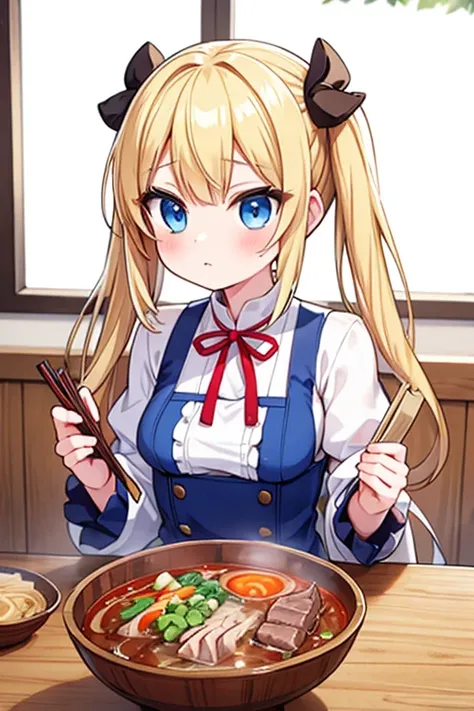 A bowl of beef noodle soup,Highest quality,Blonde with blue eyes、Lolita、Small breasts、two-sideup hair、girl&#39;mischief,smile,,A ramen bowl towering like Mount Everest, filled with meat,